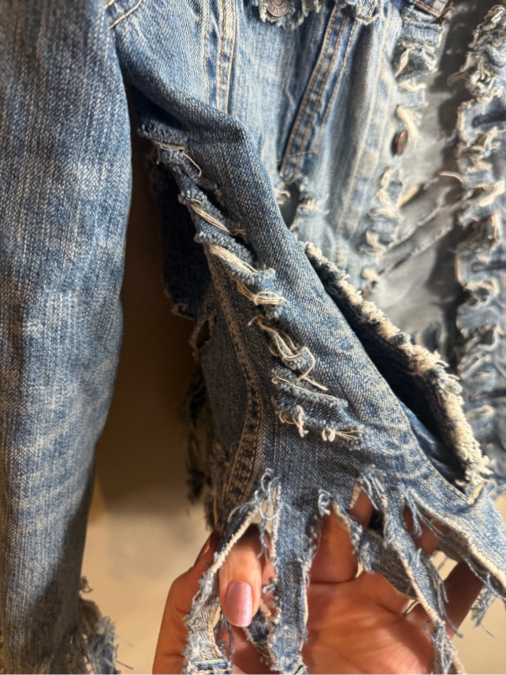 Custom Handmade Distressed Levi's Denim Trucker Jacket L Grunge Punk - Picture 9 of 16